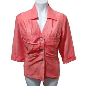 Farinaz Taghavi linen blend vest neck collared button scrunched blouse 6